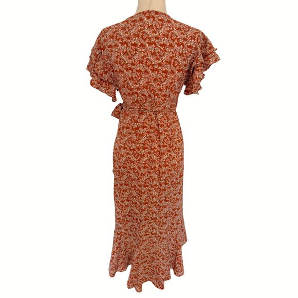 NWT Max Studio Size XS Brown Floral Wrap Dress Short Sleeve Ruffles Midi Dress - Picture 3 of 11